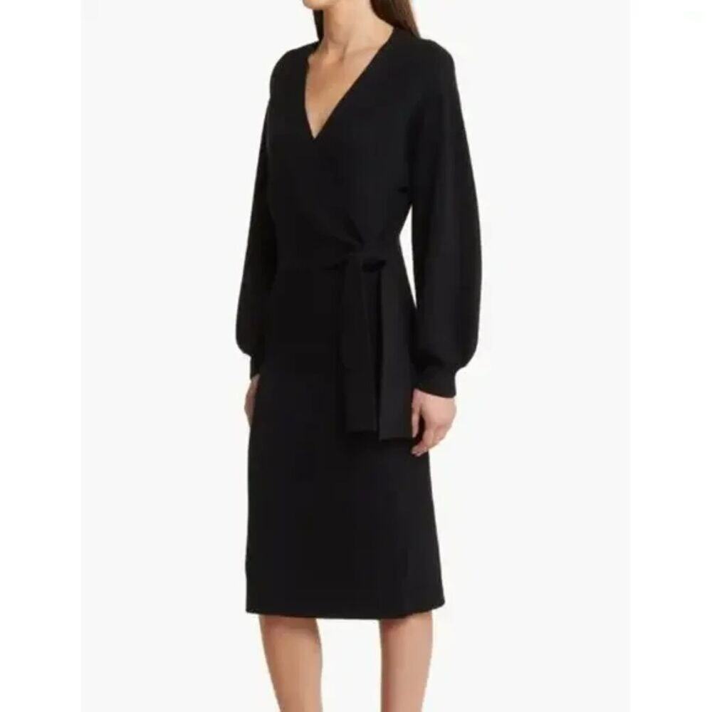 Charles Henry Viscose Long Sleeve Faux Wrap Sweater Dress Size XL Black NWT